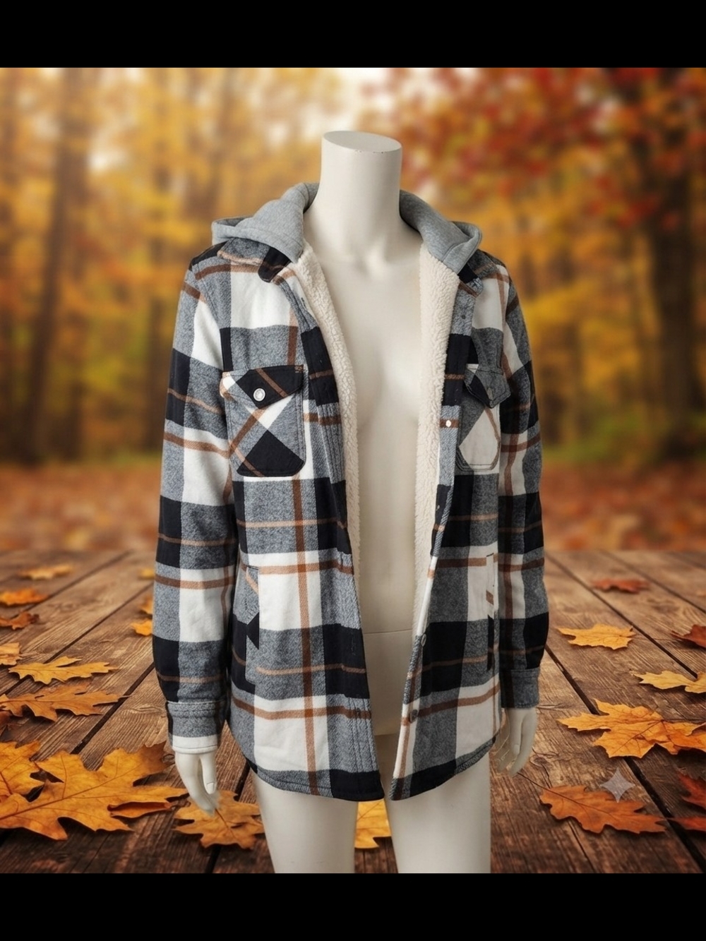 Women's Black, White & Brown Plaid Sherpa-Lined Hooded Jacket